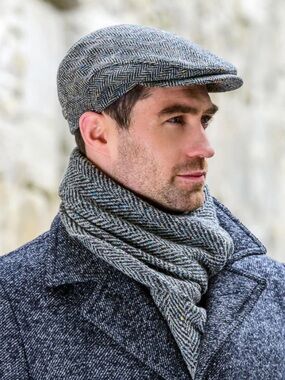 Mucros Weavers Trinity Flat Cap Grey 100% Wool Herringbone Irish Tweed Hat M